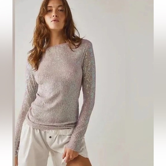Free People Intimately Gold Rush Long Sleeve Women Large Sequin Iridescent Lilac - Picture 1 of 11
